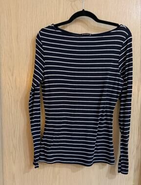 Staccato Large Black White Striped Ribbed Boat Neck Long Sleeve Top